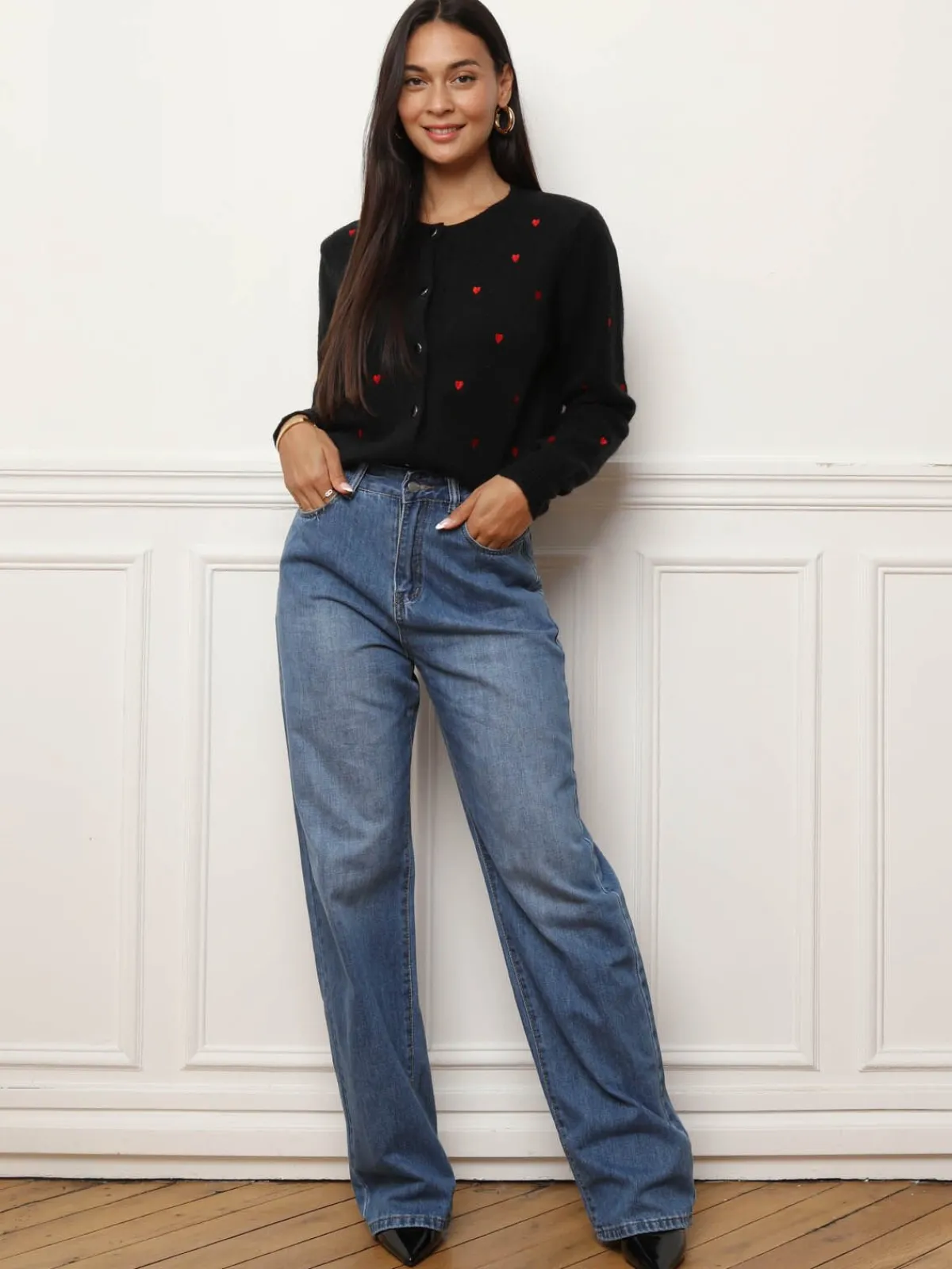 Sale La Modeuse Cardigan à petits c艙urs brodés Noir