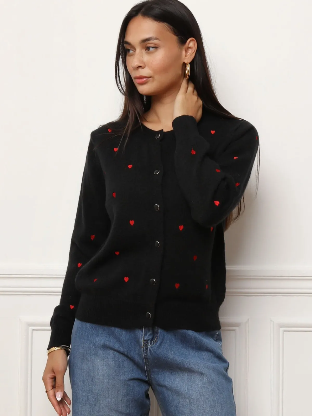 Sale La Modeuse Cardigan à petits c艙urs brodés Noir
