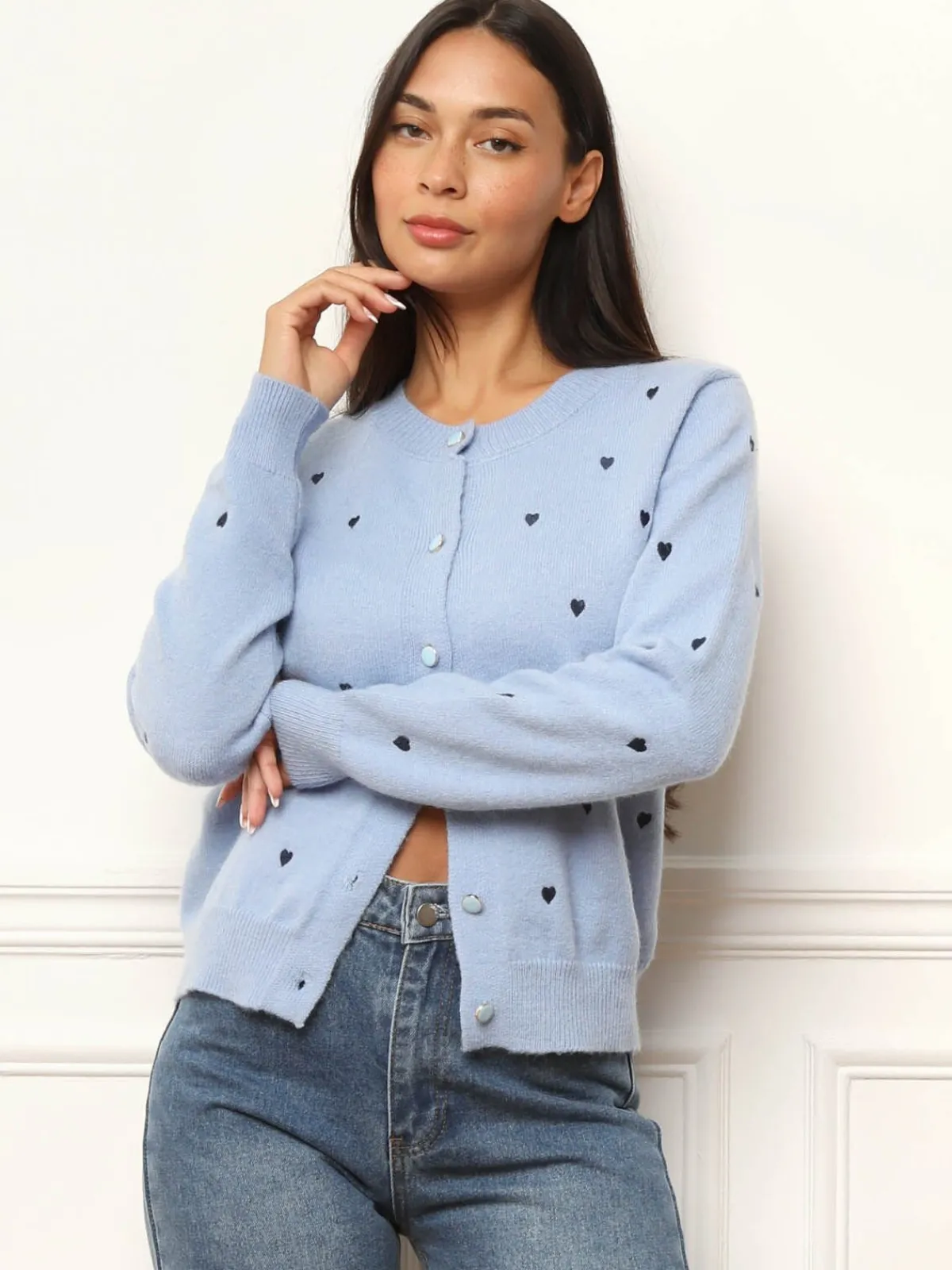 Best La Modeuse Cardigan à petits c艙urs brodés BleuClair