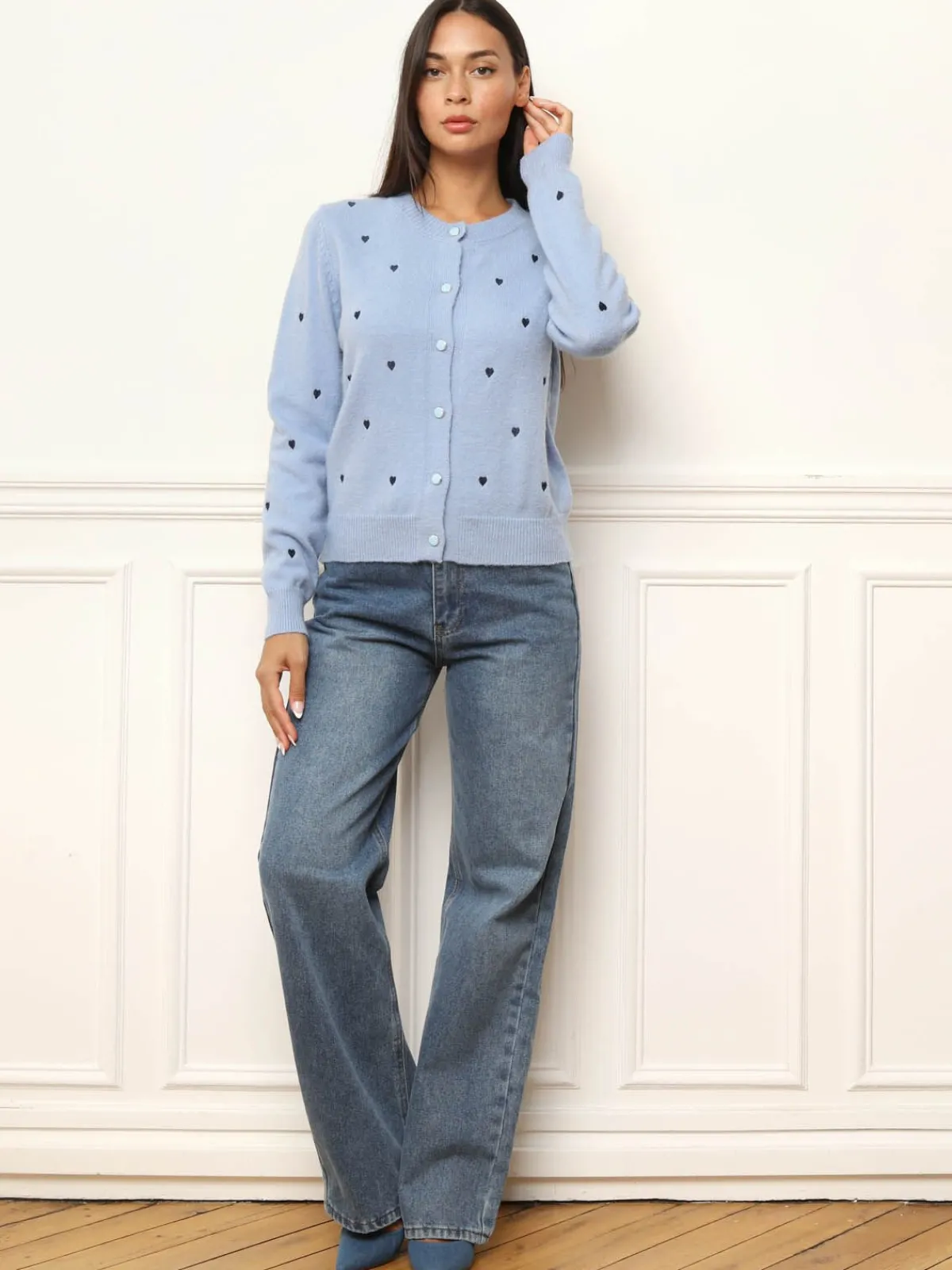 Best La Modeuse Cardigan à petits c艙urs brodés BleuClair
