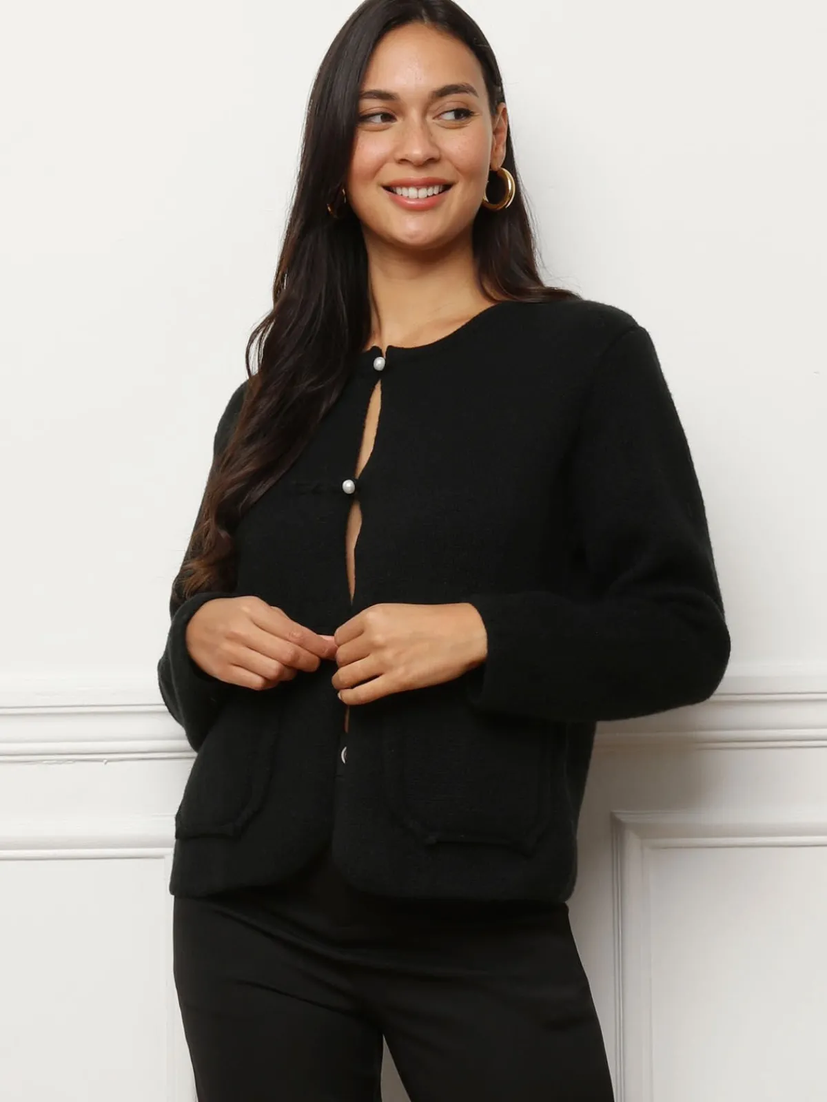 La Modeuse Cardigan à poches et boutons perles Noir
