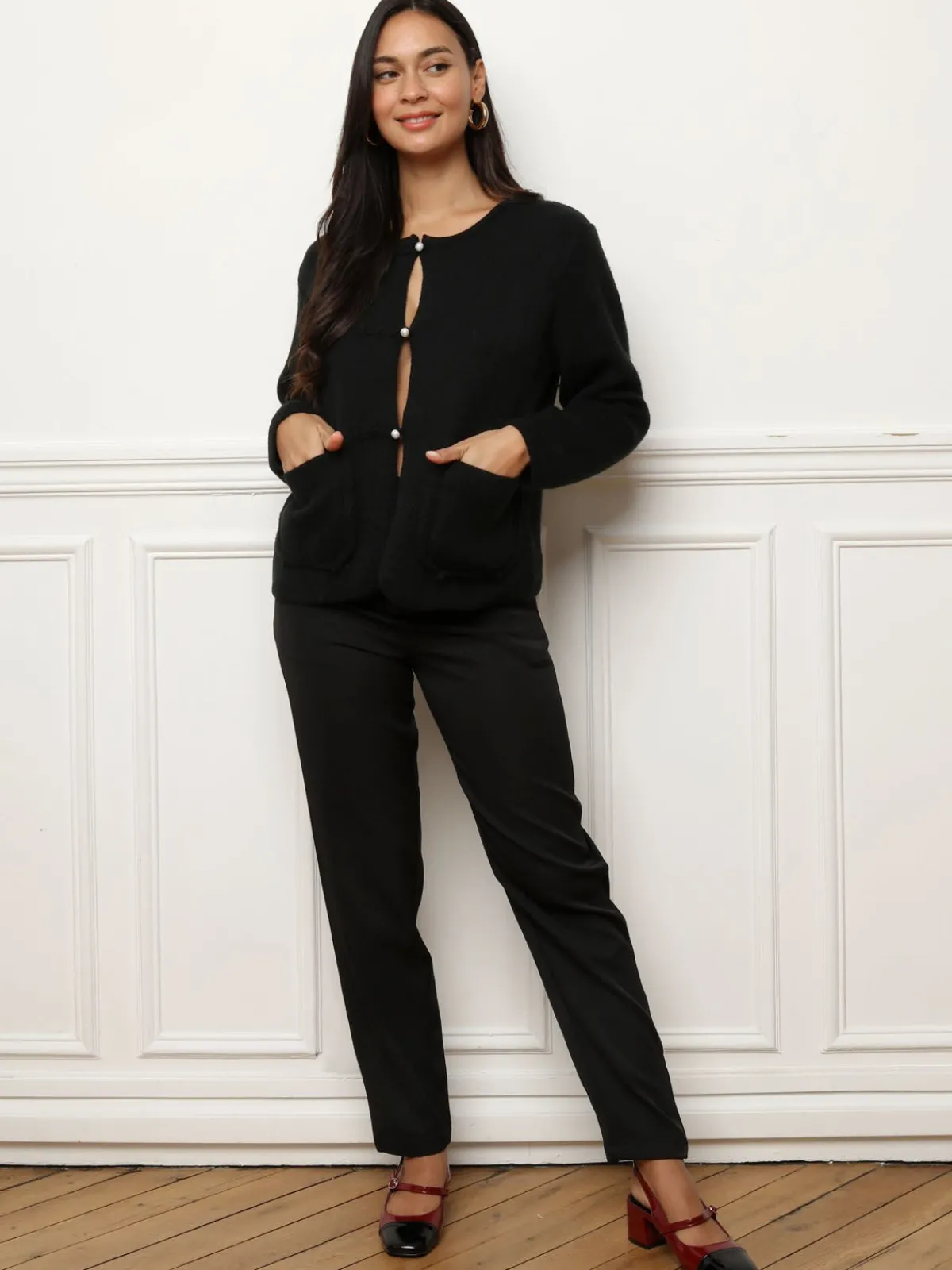 La Modeuse Cardigan à poches et boutons perles Noir