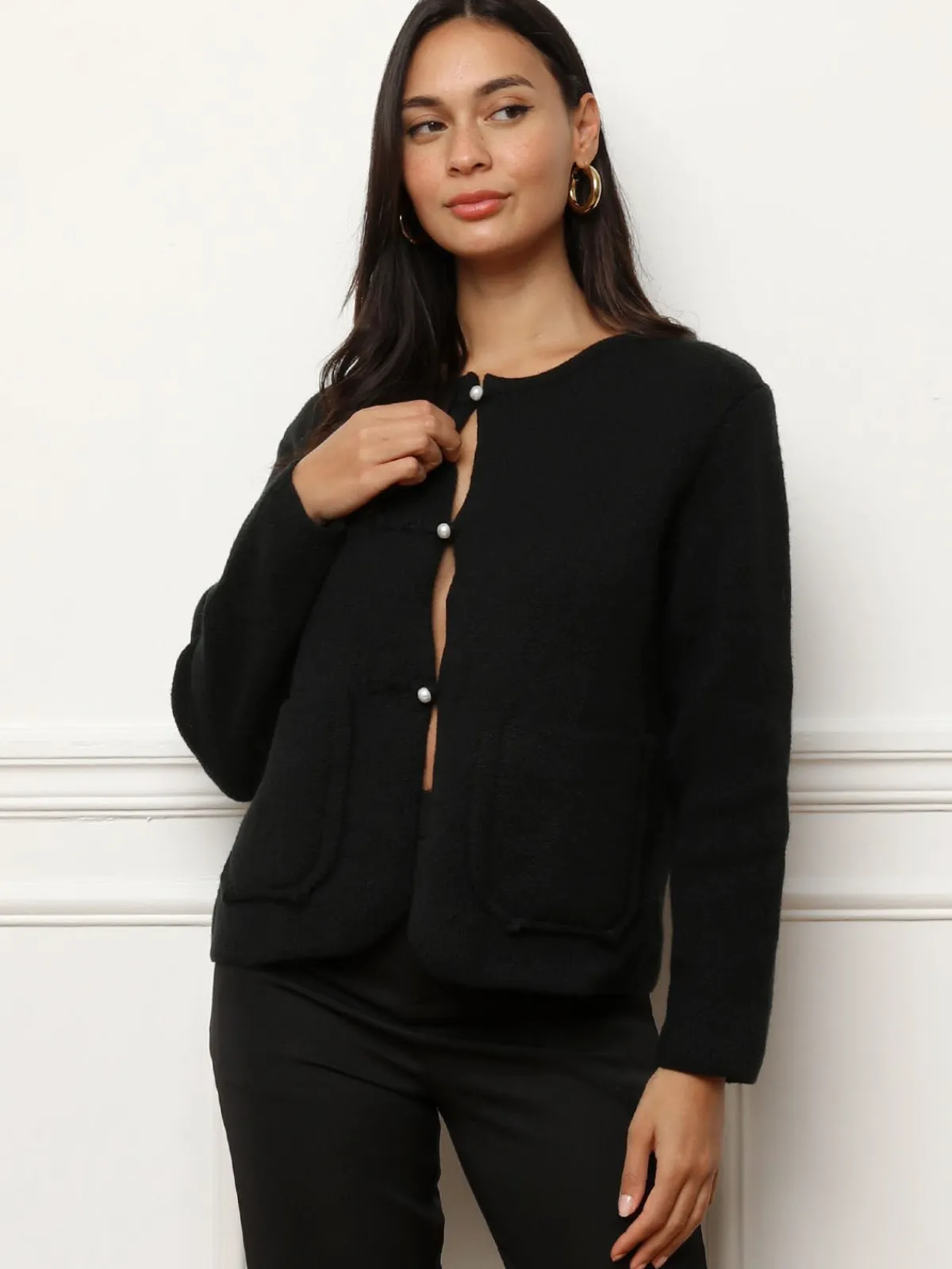 La Modeuse Cardigan à poches et boutons perles Noir
