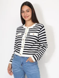 Online La Modeuse Cardigan à rayures et boutons dorés BleuMarine