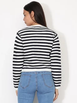Online La Modeuse Cardigan à rayures et boutons dorés BleuMarine
