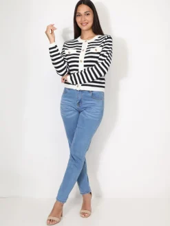 Online La Modeuse Cardigan à rayures et boutons dorés BleuMarine