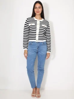 Online La Modeuse Cardigan à rayures et boutons dorés BleuMarine