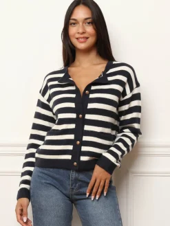 Clearance La Modeuse Cardigan à rayures et boutons bijoux BleuMarine