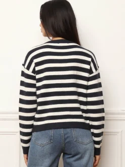 Clearance La Modeuse Cardigan à rayures et boutons bijoux BleuMarine