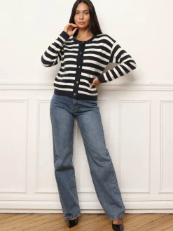 Clearance La Modeuse Cardigan à rayures et boutons bijoux BleuMarine