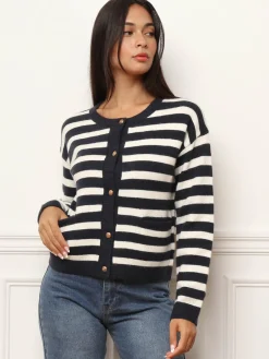 Clearance La Modeuse Cardigan à rayures et boutons bijoux BleuMarine