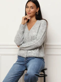 Discount La Modeuse Cardigan à sequins et boutons perles Gris