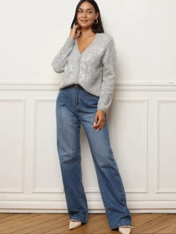 Discount La Modeuse Cardigan à sequins et boutons perles Gris