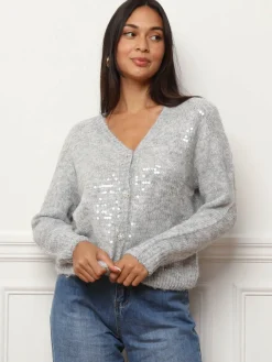 Discount La Modeuse Cardigan à sequins et boutons perles Gris