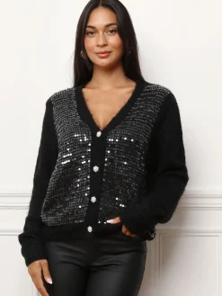 Hot La Modeuse Cardigan à sequins et boutons perles Noir