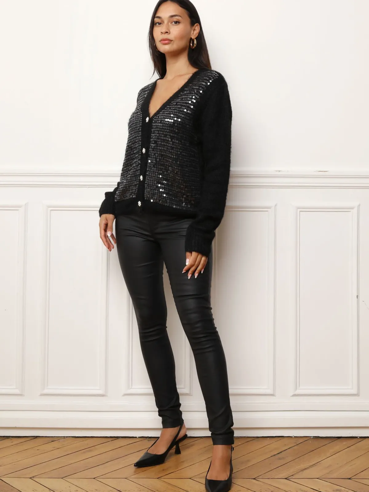 Hot La Modeuse Cardigan à sequins et boutons perles Noir