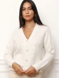 Clearance La Modeuse Cardigan à sequins et boutons perles Blanc