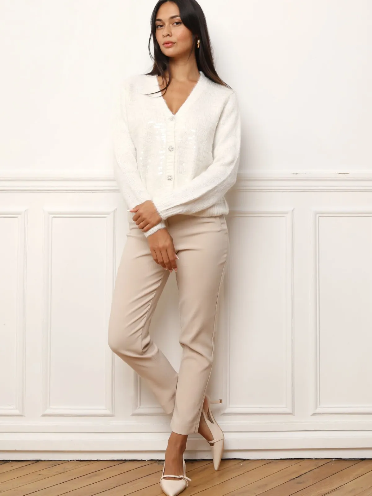 Clearance La Modeuse Cardigan à sequins et boutons perles Blanc