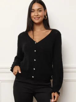 Outlet La Modeuse Cardigan ajouré à boutons nacrés Noir