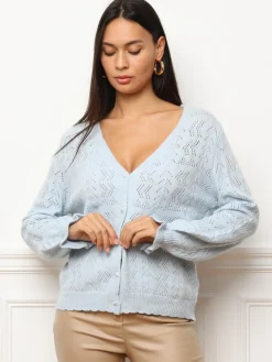 Online La Modeuse Cardigan ajouré à boutons nacrés BleuClair