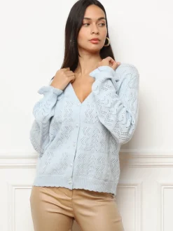 Online La Modeuse Cardigan ajouré à boutons nacrés BleuClair