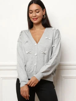 Sale La Modeuse Cardigan avec petits n艙uds satinés Grisclair