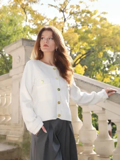 Online La Modeuse Cardigan avec poches à rabat et boutons dorés Blanc