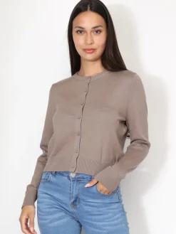 Discount La Modeuse Cardigan classique à col rond et boutons Taupe