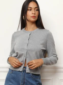 Discount La Modeuse Cardigan classique à col rond et boutons Gris