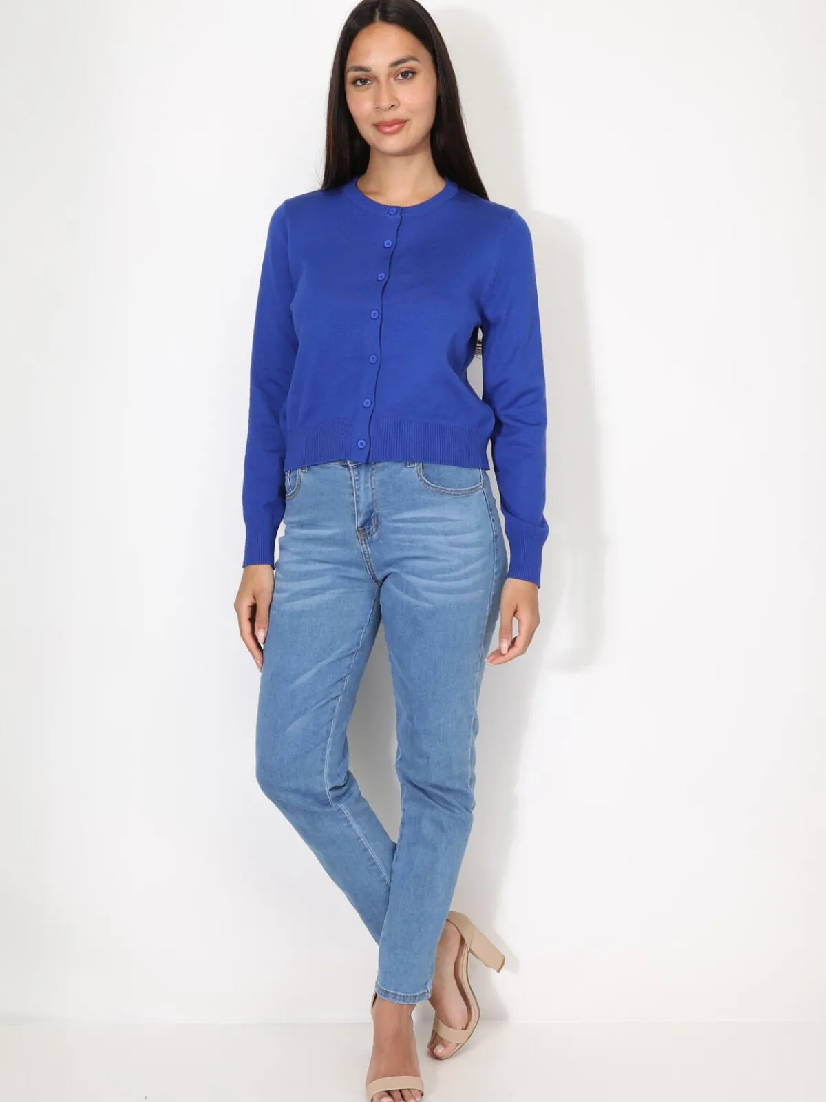 Best La Modeuse Cardigan classique à col rond et boutons Bleu