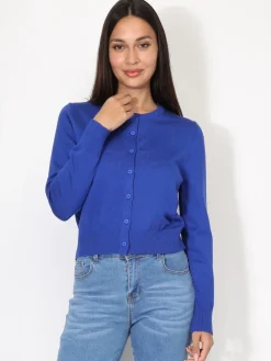 Best La Modeuse Cardigan classique à col rond et boutons Bleu