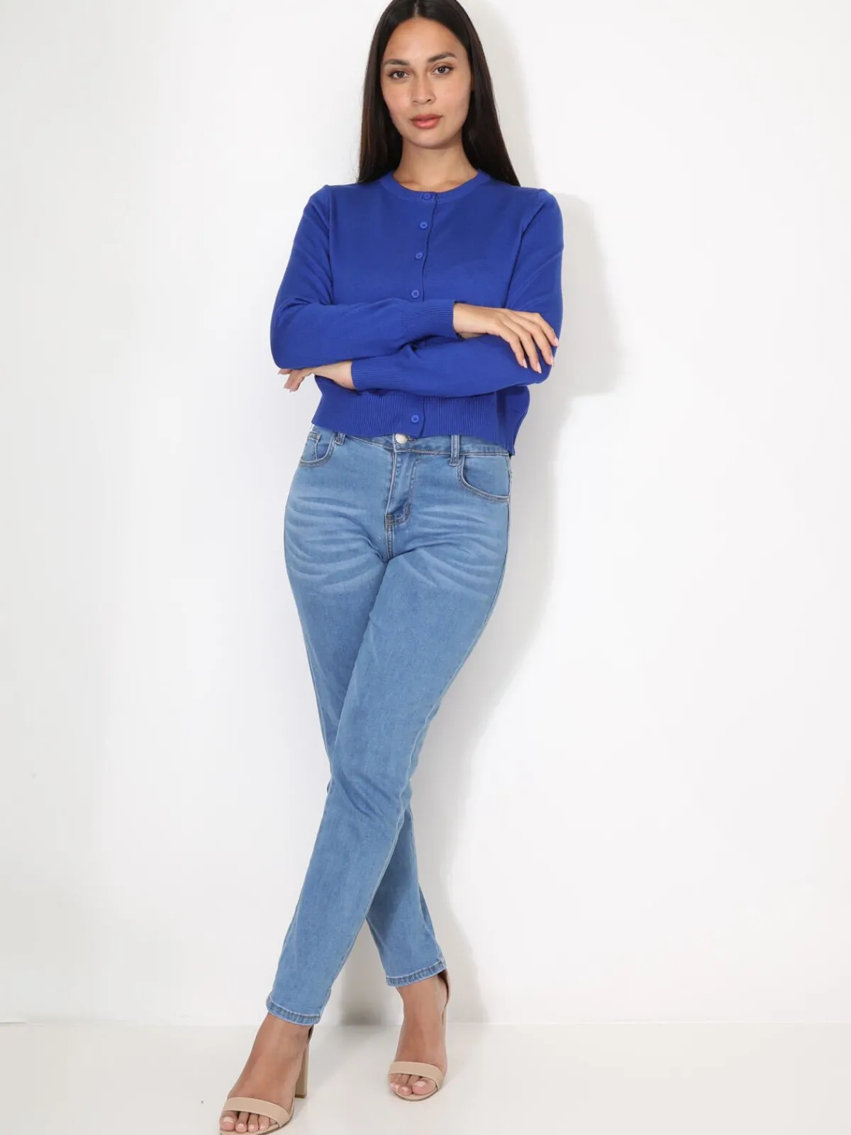 Best La Modeuse Cardigan classique à col rond et boutons Bleu