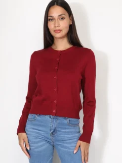 Sale La Modeuse Cardigan classique à col rond et boutons Rougefoncé