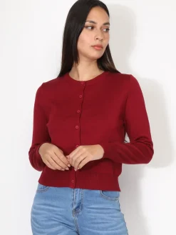 Sale La Modeuse Cardigan classique à col rond et boutons Rougefoncé