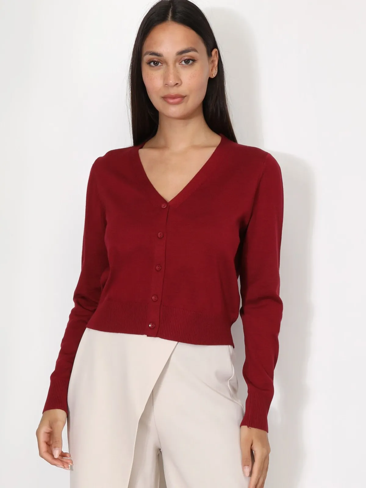 Clearance La Modeuse Cardigan col v et boutons Rougefoncé