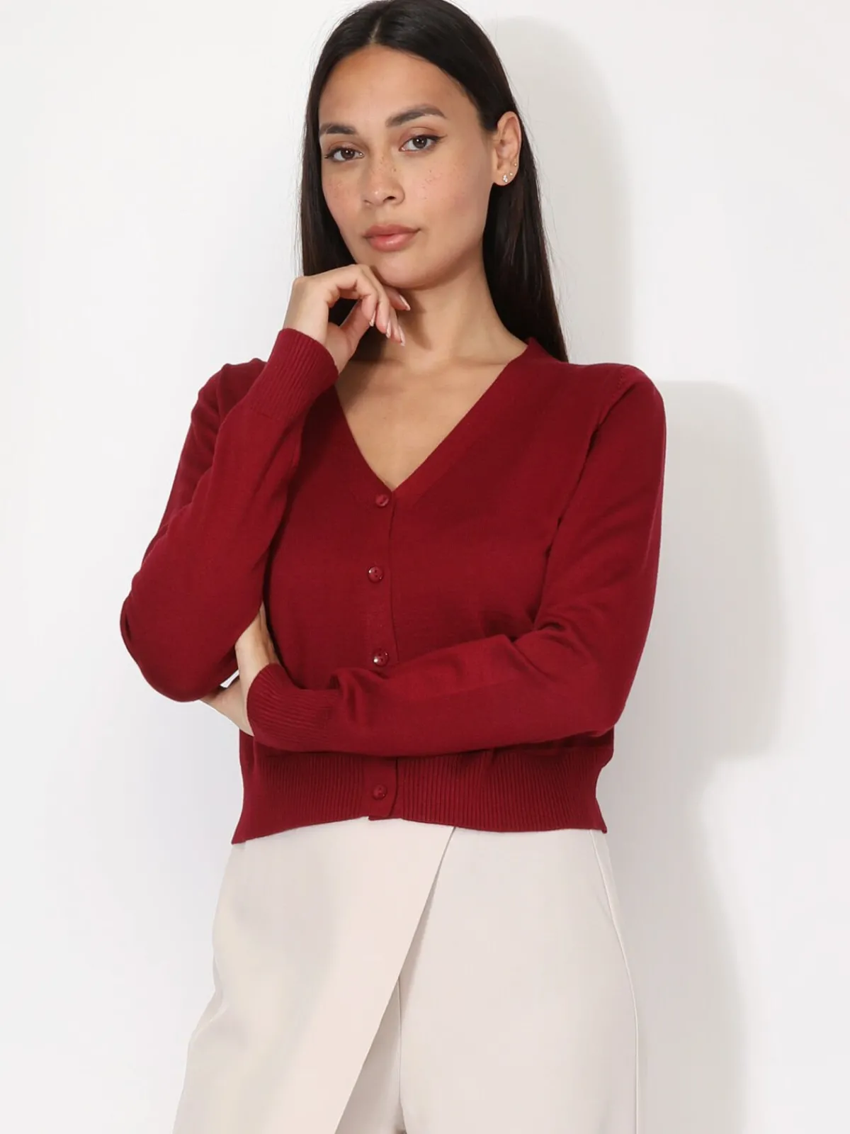 Clearance La Modeuse Cardigan col v et boutons Rougefoncé