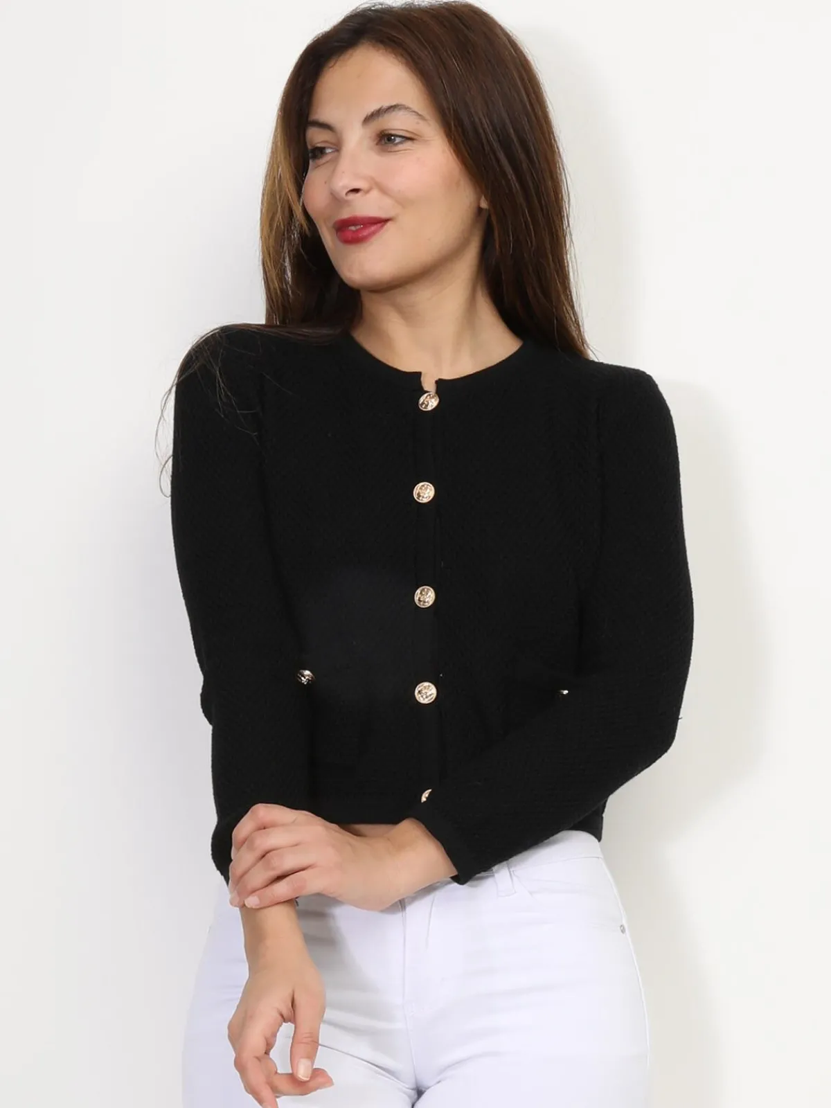Hot La Modeuse Cardigan court à boutons dorés Noir