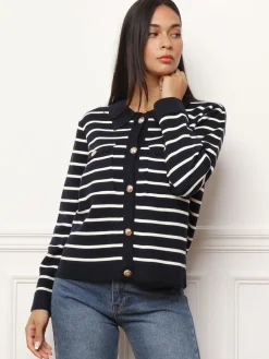 Sale La Modeuse Cardigan marinière à col polo BleuMarine