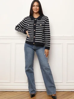 Sale La Modeuse Cardigan marinière à col polo BleuMarine