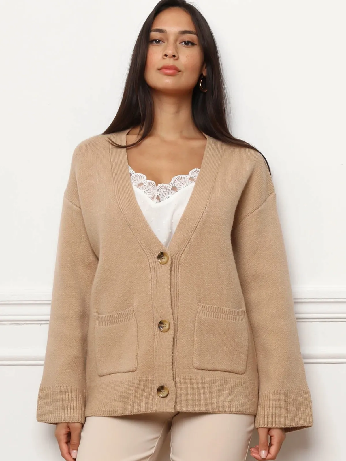 New La Modeuse Cardigan oversize à poches Camel