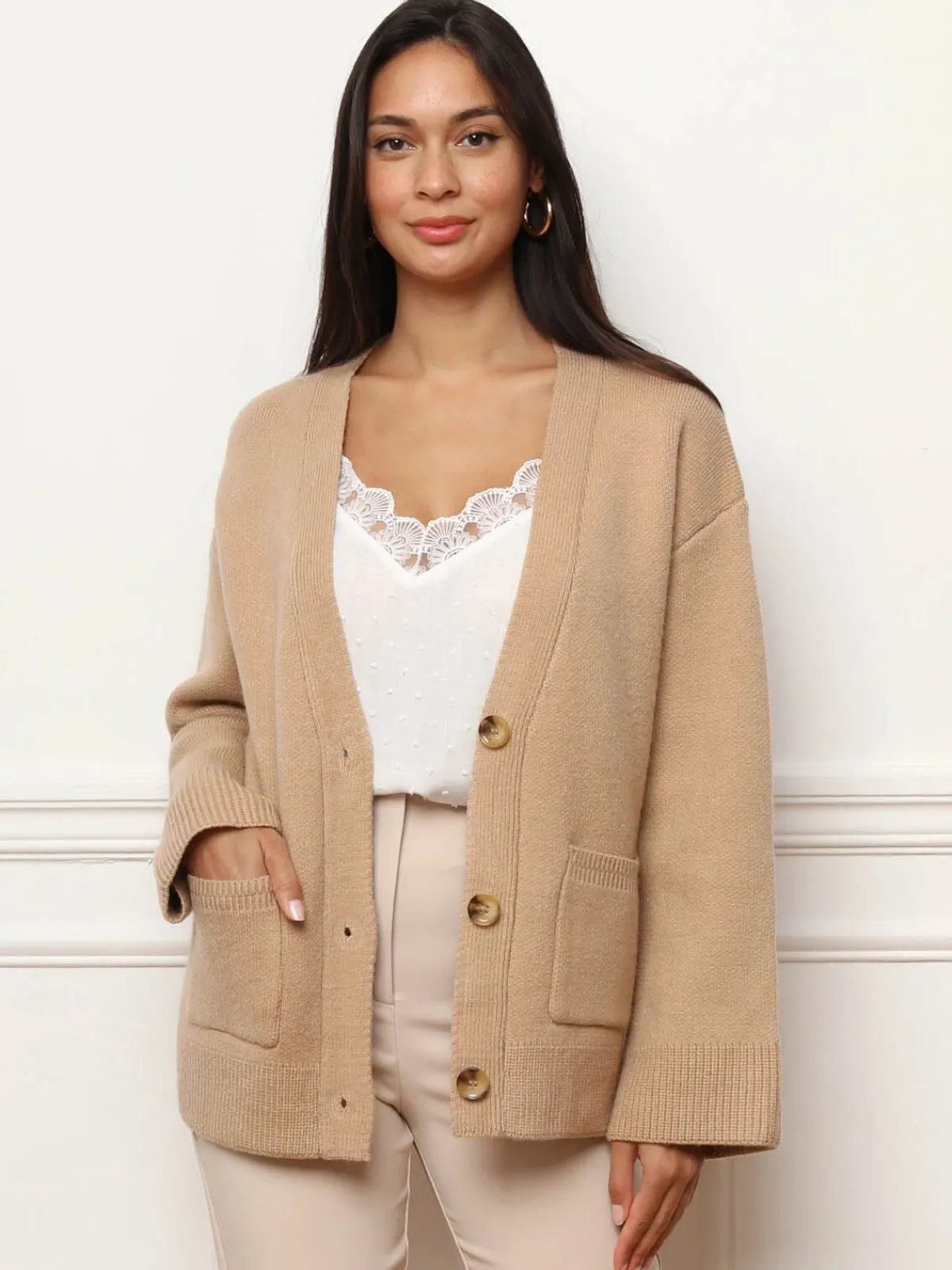 New La Modeuse Cardigan oversize à poches Camel