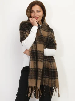 Hot La Modeuse Écharpe à franges motif tartan Taupe