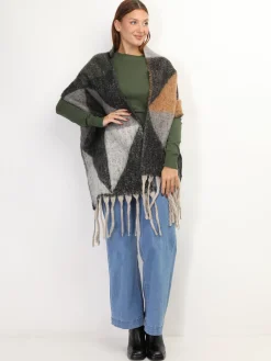 New La Modeuse Écharpe à imprimé triangles et franges Noir