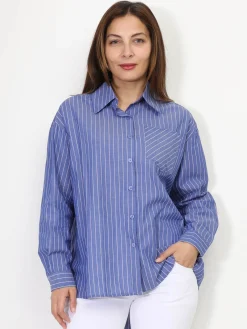 Clearance La Modeuse Chemise asymétrique et oversize à rayures Bleufoncé