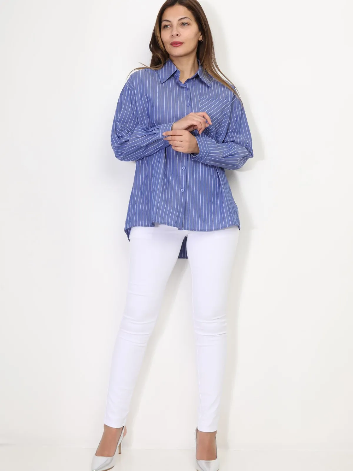 Clearance La Modeuse Chemise asymétrique et oversize à rayures Bleufoncé