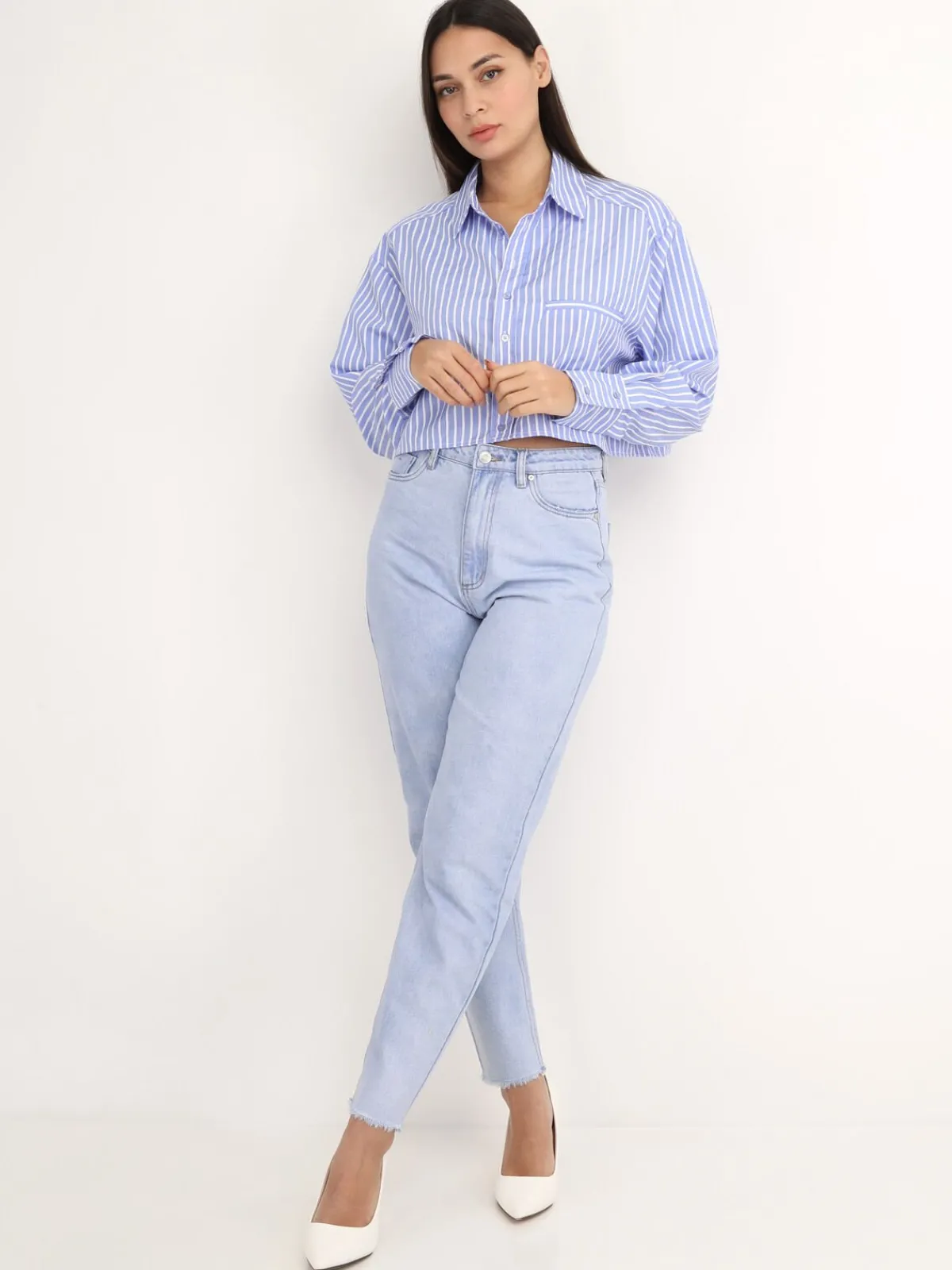 La Modeuse Chemise cropped à rayures Bleu