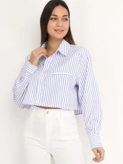 Hot La Modeuse Chemise cropped à rayures Blanc