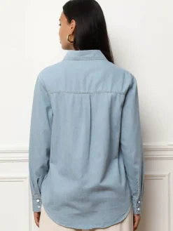 Sale La Modeuse Chemise en denim à boutons vernis BleuClair