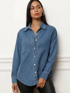 La Modeuse Chemise en denim à boutons vernis Bleufoncé