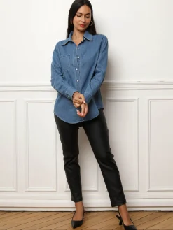 La Modeuse Chemise en denim à boutons vernis Bleufoncé